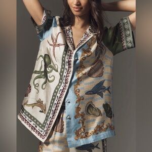 NWT Anthro X Alemais Bath House Short-Sleeve Silk Buttondown Shirt SZ S